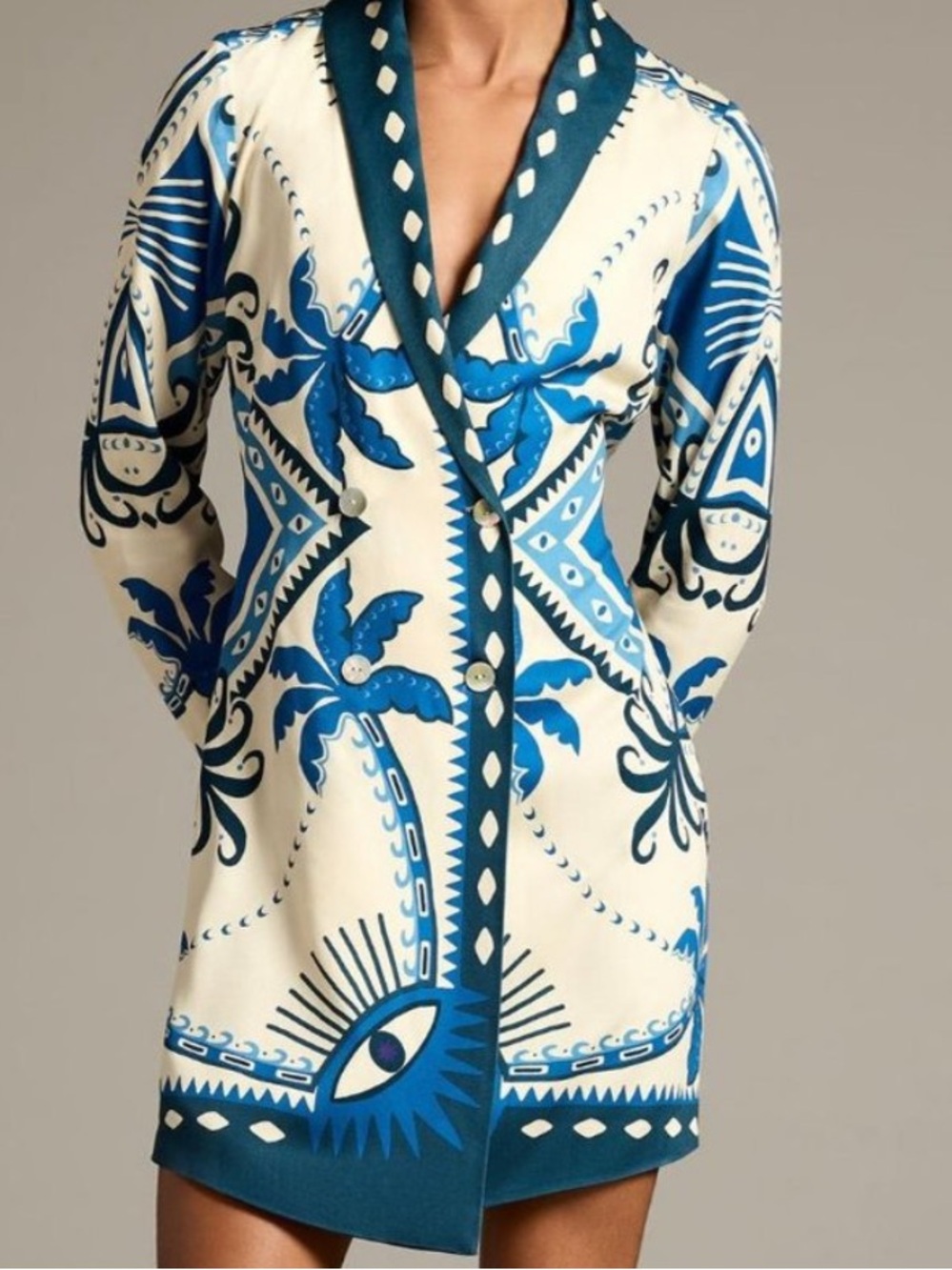 Farm Rio Blue White Wrap Blazer Dress